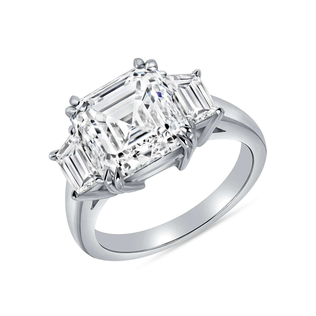 6.65 CT. Asscher & Trapezoid Cut Three Stone Diamond Riing in Platinum - Engagement Rings