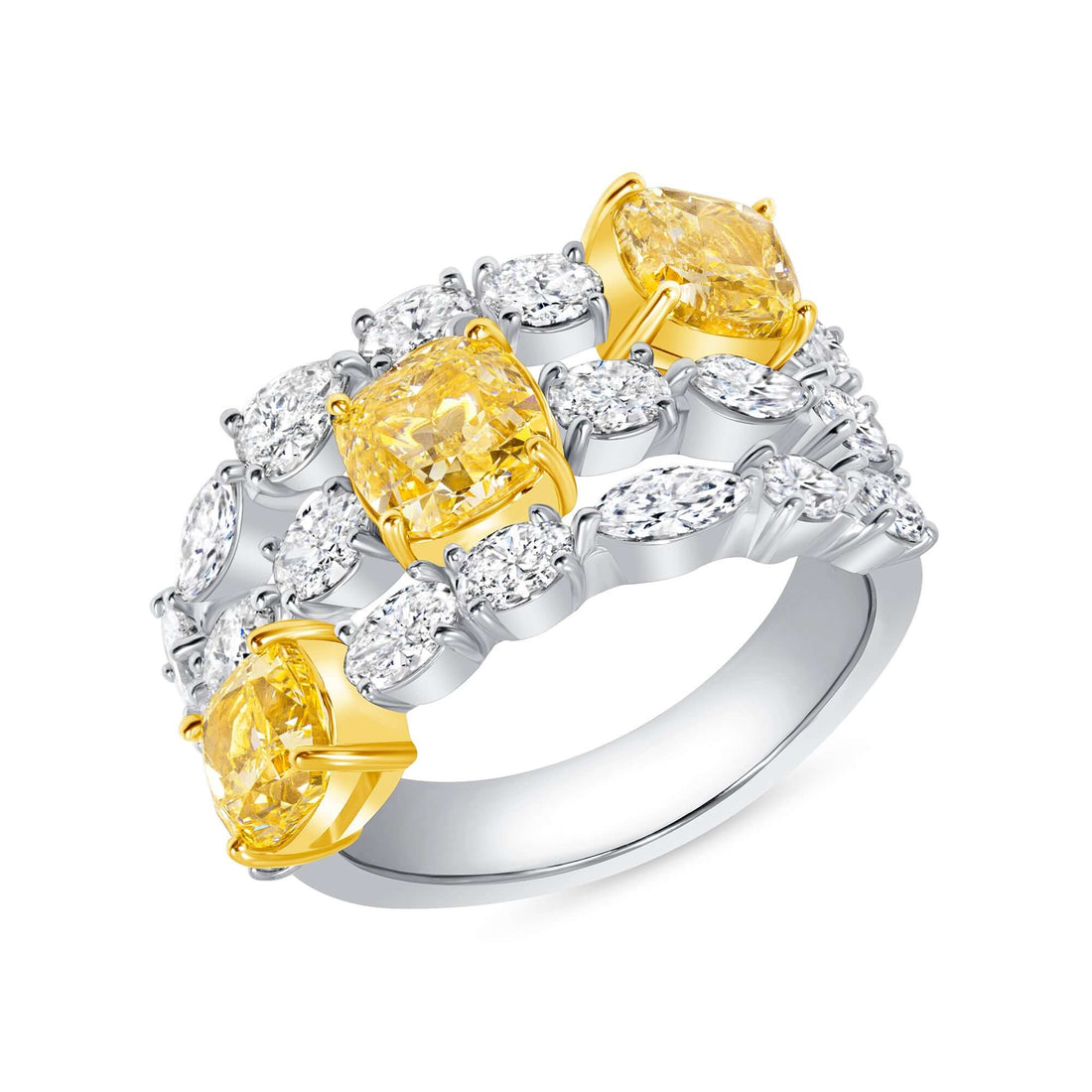 5.39 CT. Fancy Yellow Diamond Three Row Ring with Fancy Cut Diamonds in 18K Yellow Gold and Platinum - Fashion Ring