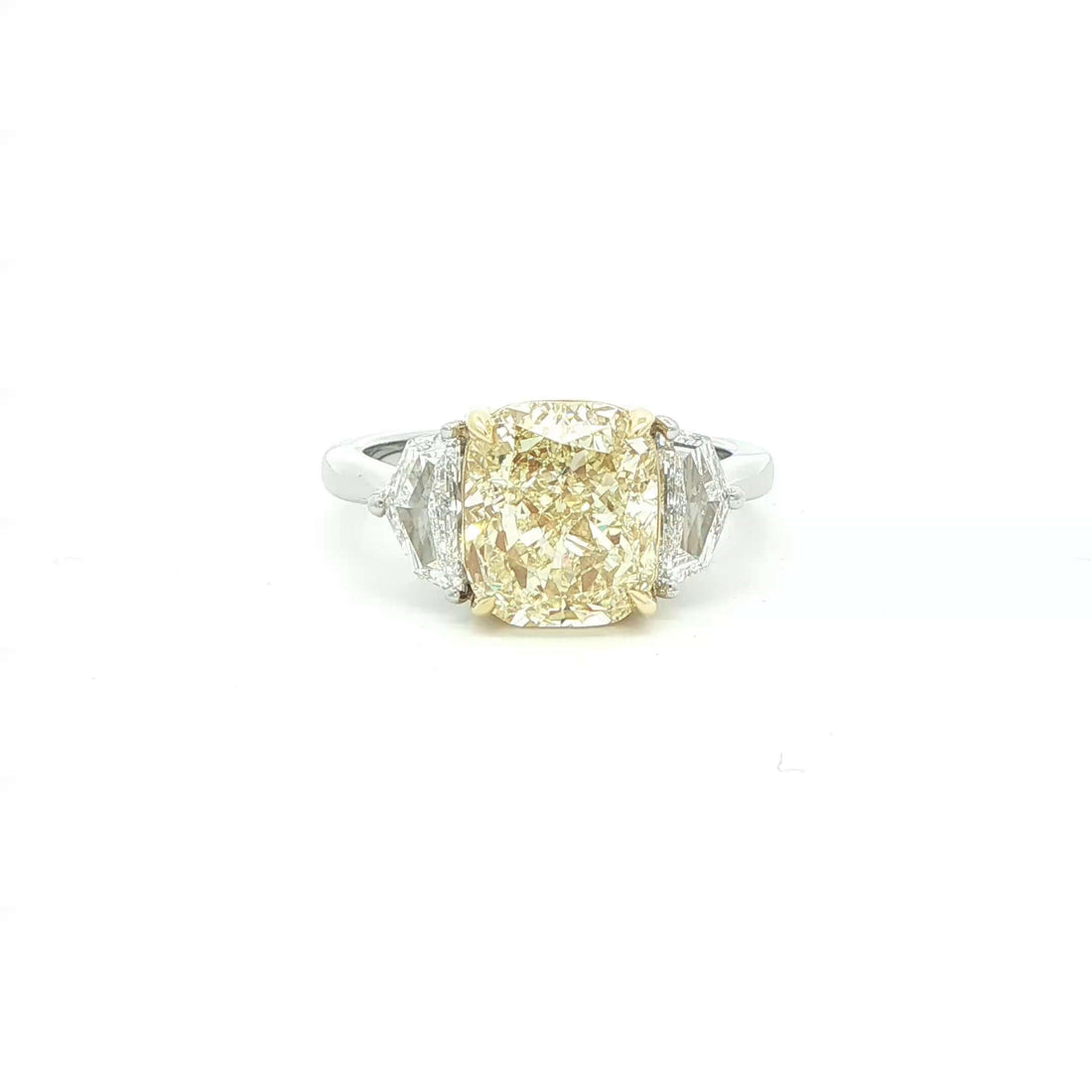 4.30 CT. Cushion Cut Y–Z Diamond and Half Moon Diamond Three Stone Ring in 18K Yellow Gold and Platinum - RING