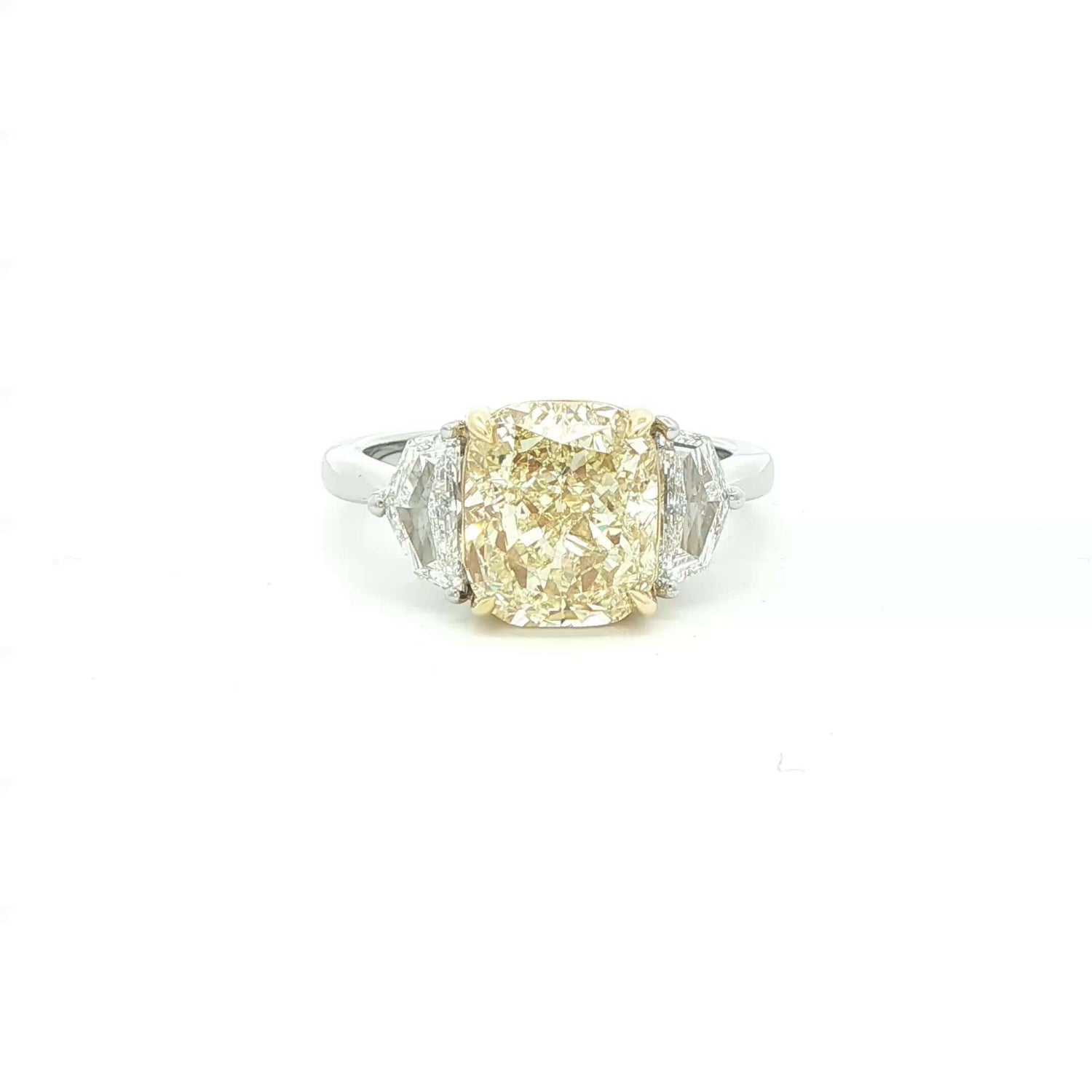 4.30 CT. Cushion Cut Y–Z Diamond and Half Moon Diamond Three Stone Ring in 18K Yellow Gold and Platinum - RING