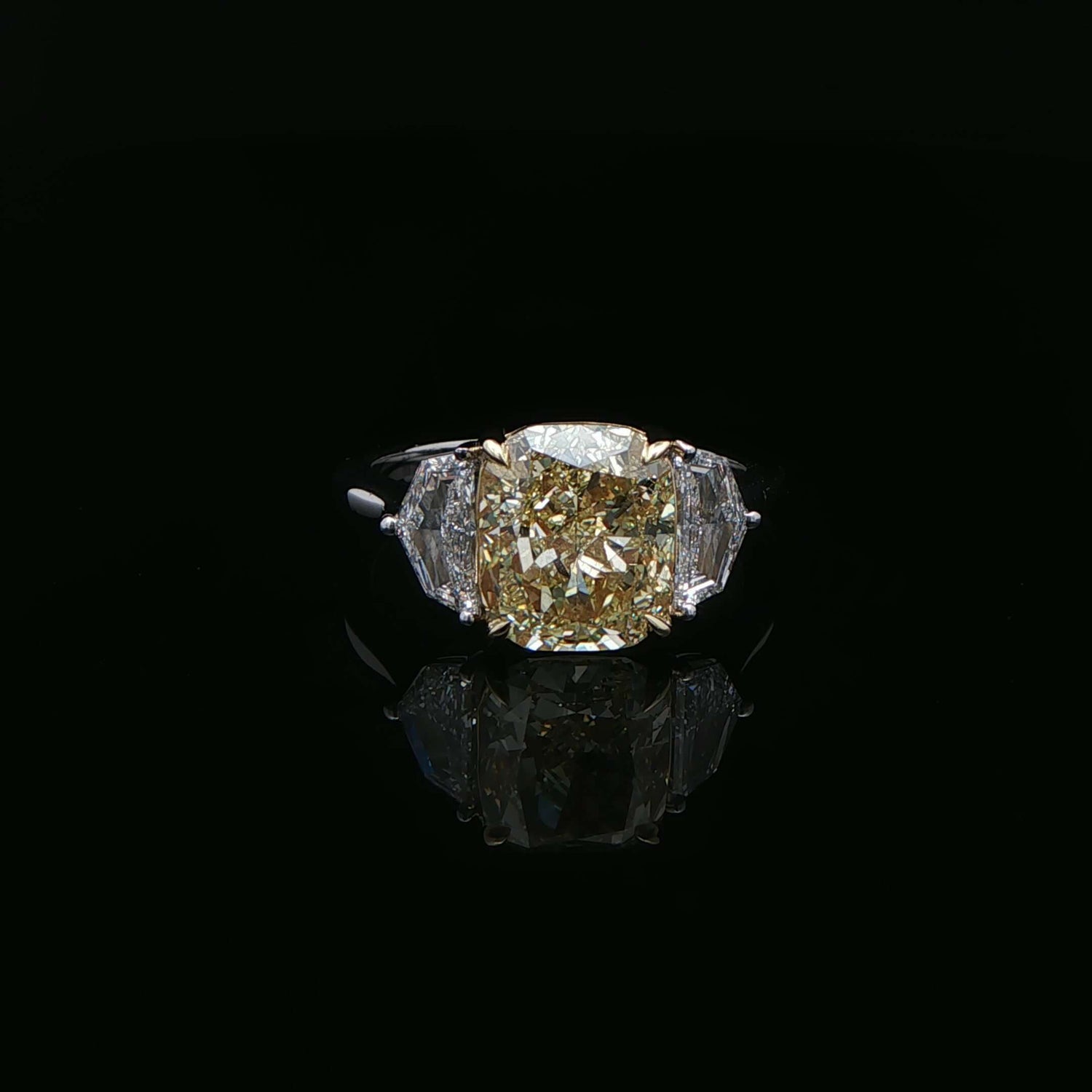 4.30 CT. Cushion Cut Y–Z Diamond and Half Moon Diamond Three Stone Ring in 18K Yellow Gold and Platinum - RING