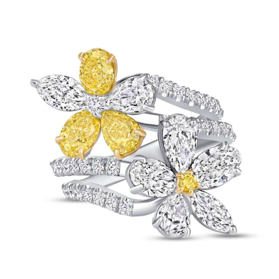 4.15 CT. Yellow and White Diamond Double Flower Bypass Ring with Split Pavé Band - Bypass Ring