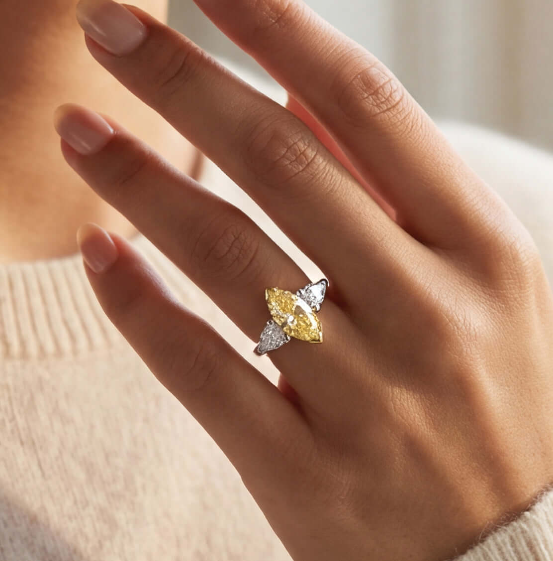 2.46 CT. Three Stone Ring with Fancy Light Yellow Marquise and Pear Diamonds in 18K Yellow Gold and Platinum - Engagement Rings