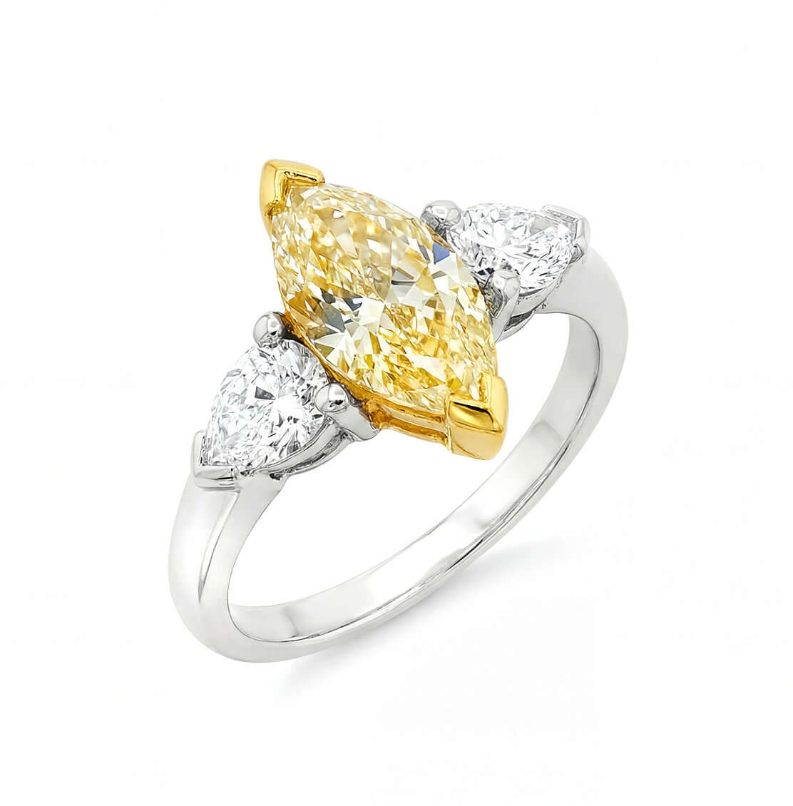 2.46 CT. Three Stone Ring with Fancy Light Yellow Marquise and Pear Diamonds in 18K Yellow Gold and Platinum - Engagement Rings