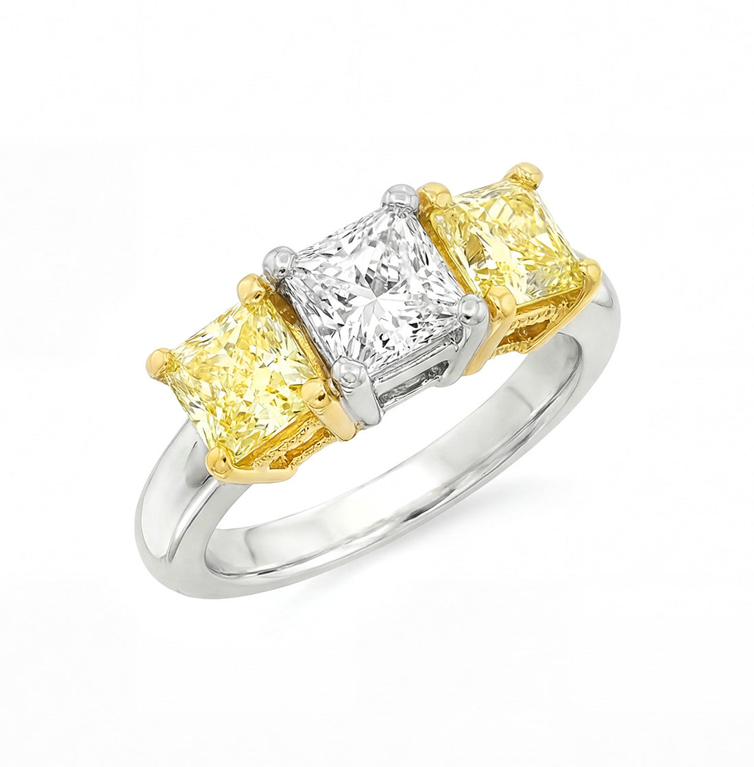 1.71 CT. Three Stone Ring with White and Fancy Yellow Radiant Cut Diamonds in 18K Yellow Gold and Platinum