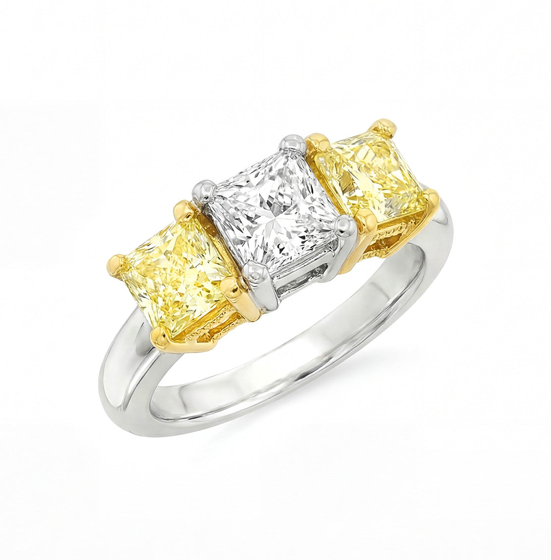 1.71 CT. Three Stone Ring with White and Fancy Yellow Radiant Cut Diamonds in 18K Yellow Gold and Platinum