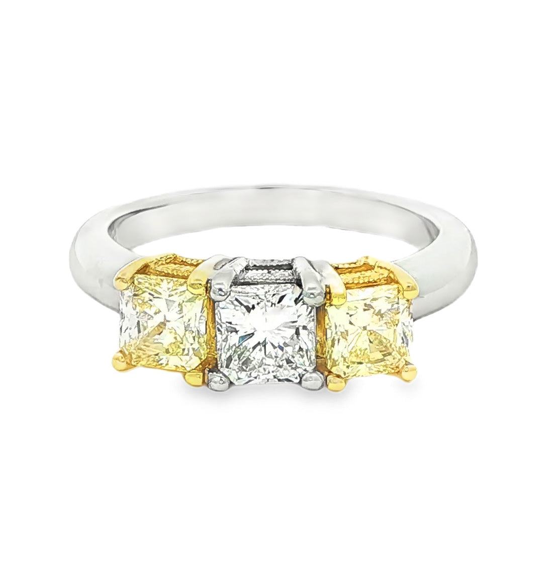 1.71 CT. Three Stone Ring with White and Fancy Yellow Radiant Cut Diamonds in 18K Yellow Gold and Platinum