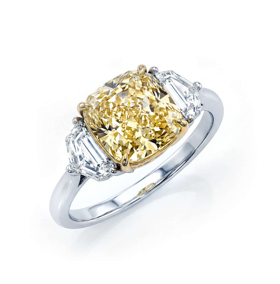 4.30 CT. Cushion Cut Y–Z Diamond and Half Moon Diamond Three Stone Ring in 18K Yellow Gold and Platinum - RING