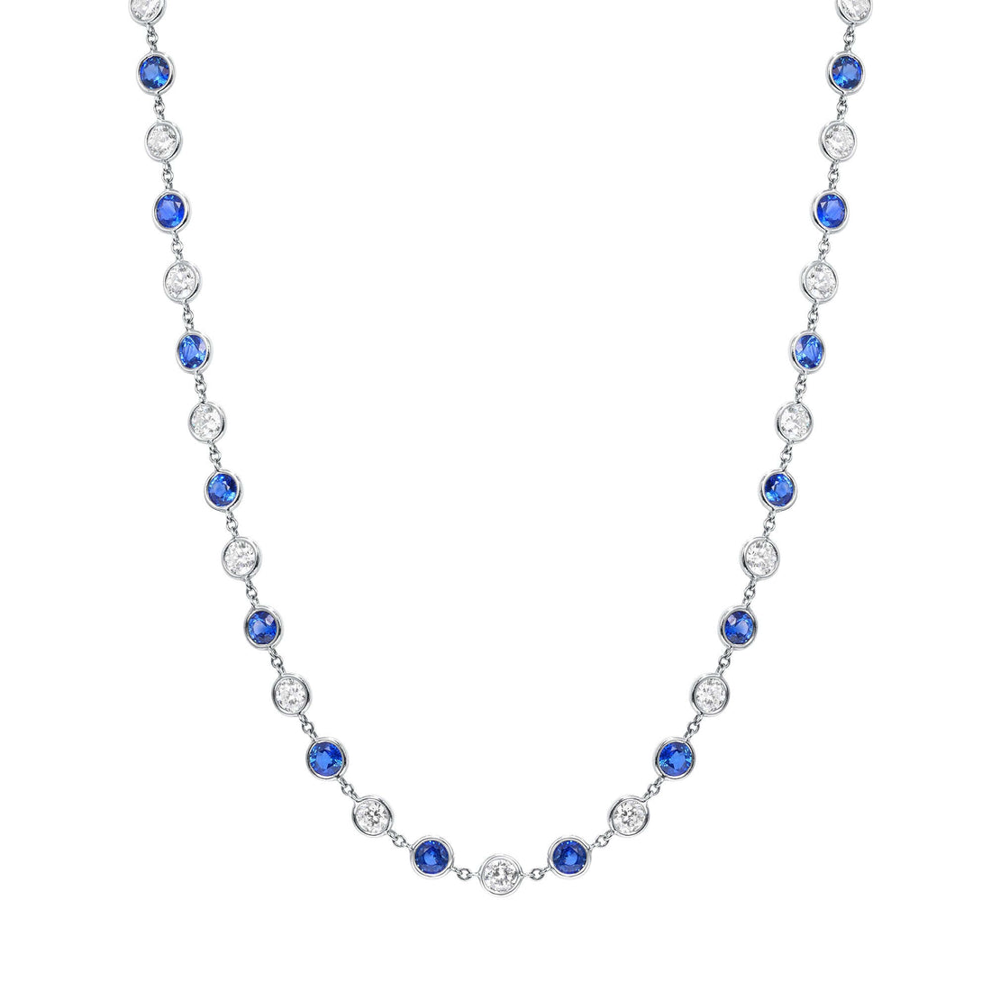12.9 CT. Alternating Round Brilliant Diamond and Blue Sapphire Bezel Set Necklace in 14K White Gold - Station Necklace