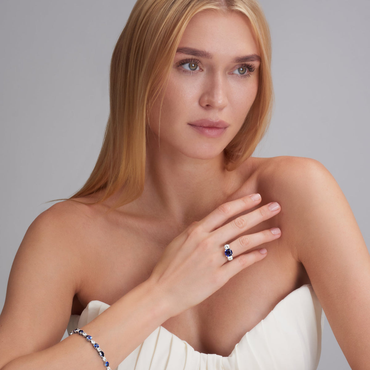 18.99 CT. Alternating Mixed Cut Sapphire and Diamond Tennis Bracelet in 14K White Gold - worn on model