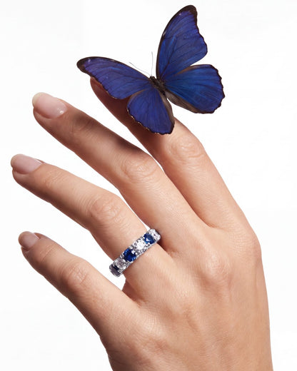 2.9 CT Alternating Round Brilliant Blue Sapphire and Diamond Halfway Ring in Platinum, worn on model, view 2 - fine jewelry in San Francisco