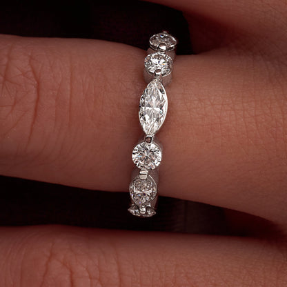 1.32 CT. Alternating Round Brilliant and Marquise Cut Diamond Half Eternity Band in Platinum - worn on model