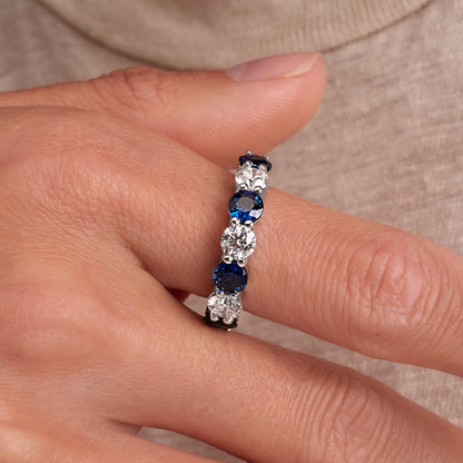 3.57 CT. Alternating Round Brilliant Blue Sapphire and Diamond Eternity Band in Platinum - worn on model