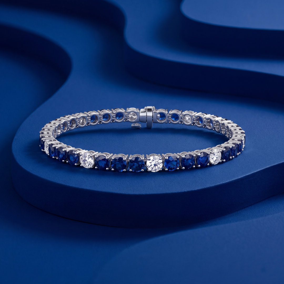15.32 CT. Alternating Round Brilliant Blue Sapphire and Diamond Tennis Bracelet in 14K White Gold