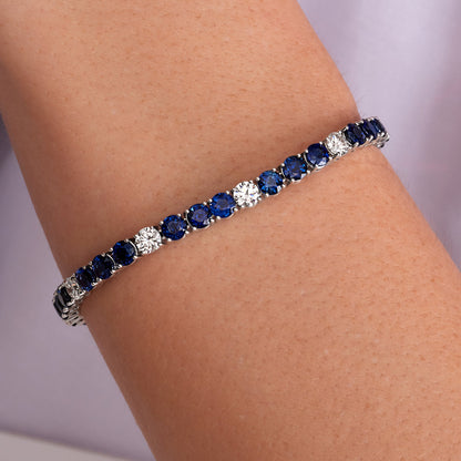 15.32 CT. Alternating Round Brilliant Blue Sapphire and Diamond Tennis Bracelet in 14K White Gold - worn on model