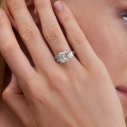 6.65 CT. Asscher and Trapezoid Cut Three Stone Diamond Ring in Platinum - worn on model