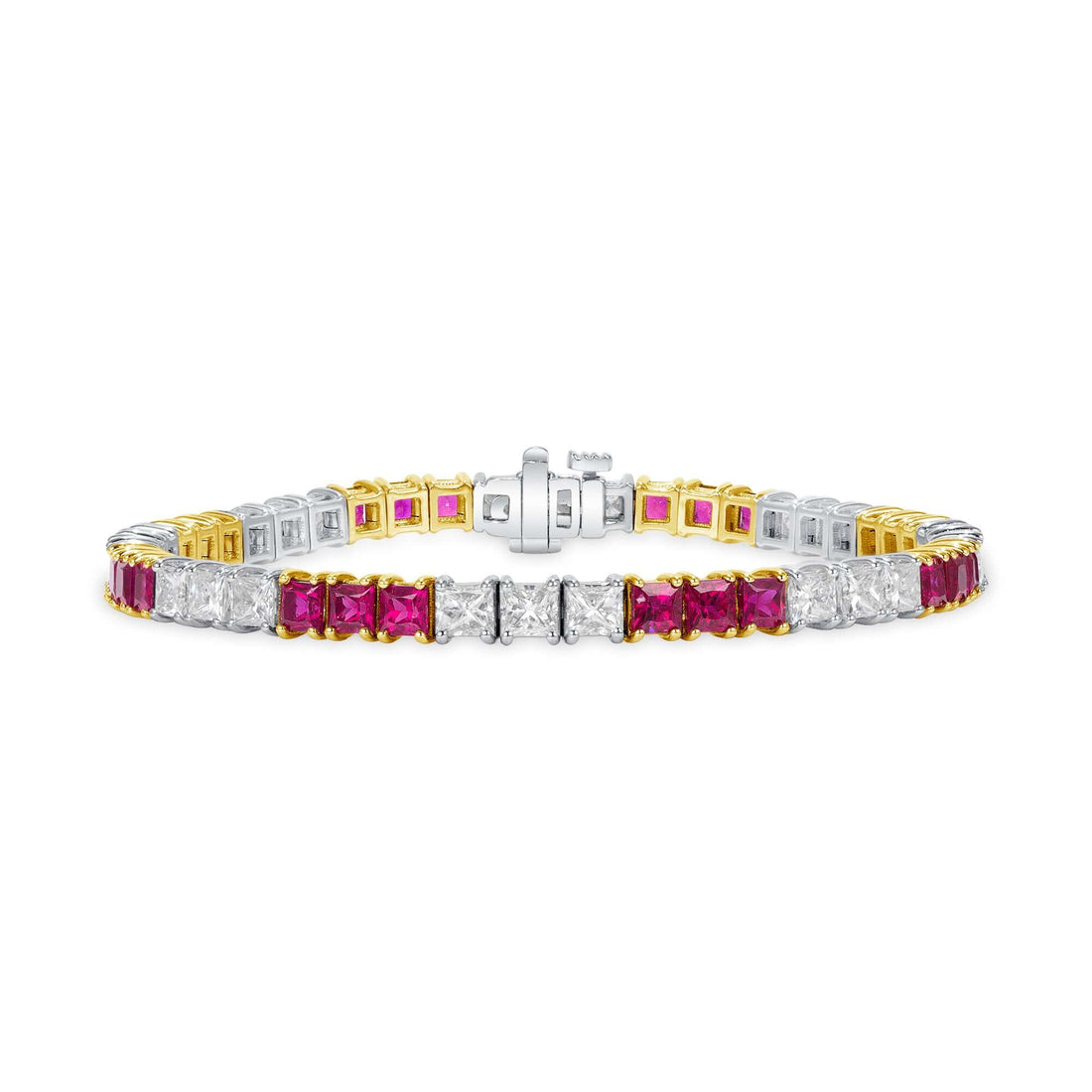 10.48 CT. Princess Cut Ruby and Diamond Tennis Bracelet in 14K White Gold and Yellow Gold - Tennis Bracelet