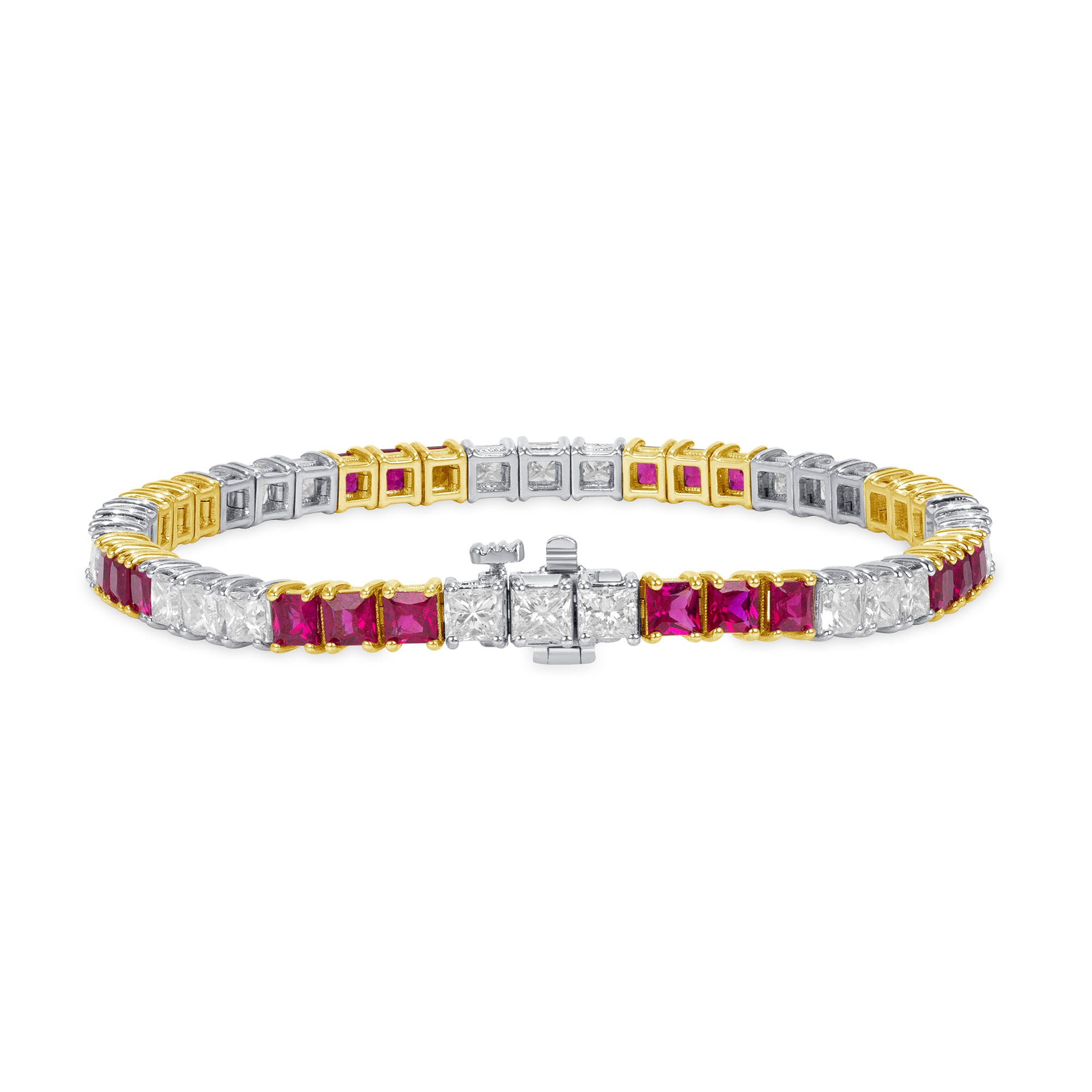 10.48 CT. Princess Cut Ruby and Diamond Tennis Bracelet in 14K White Gold and Yellow Gold