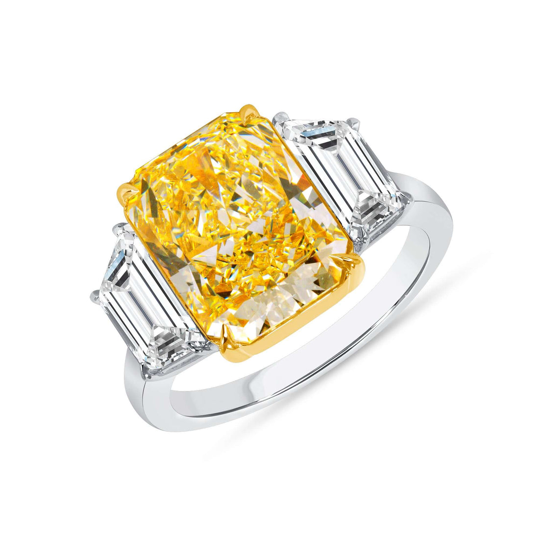 6.48 CT. Radiant Yellow Diamond and Trapezoid Diamond Three Stone Ring in 18K Yellow Gold and Platinum - Three Stone Ring