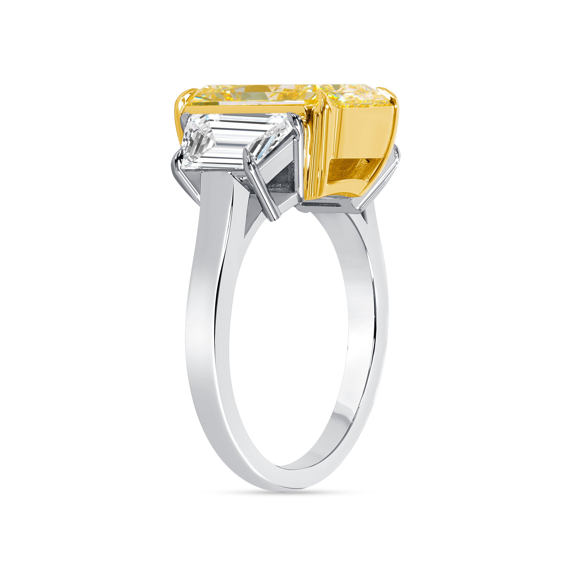 6.48 CT. Radiant Yellow Diamond and Trapezoid Diamond Three Stone Ring in 18K Yellow Gold and Platinum