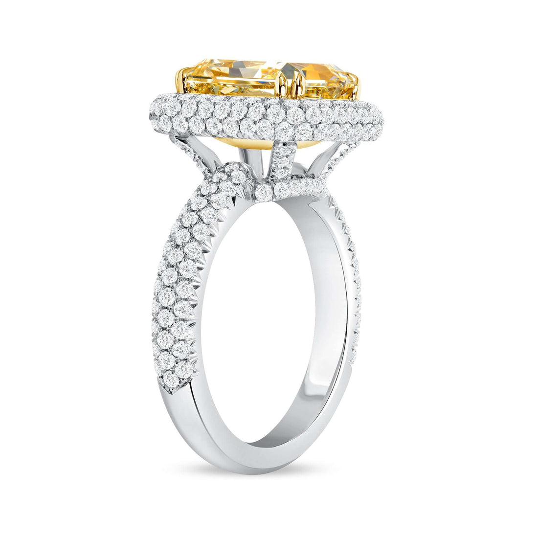 6.33 CT. Radiant Cut WX Yellow Diamond and Round Brilliant Diamond Ring in 18K Yellow Gold and Platinum - Halo Ring