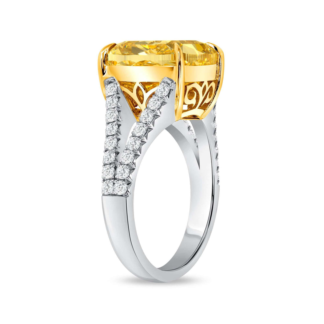 8.36 CT. Cushion Yellow Diamond and Round Brilliant Diamond Ring in 18K Yellow Gold and Platinum - Pavé Ring