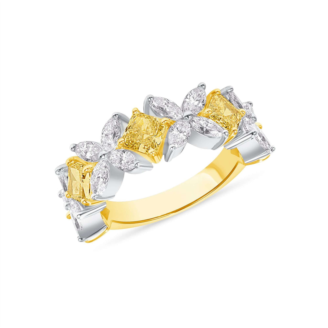 3.46 CT. Square Fancy Yellow Diamond and Marquise Diamond Ring in 18K Yellow Gold and Platinum - Half Eternity Ring