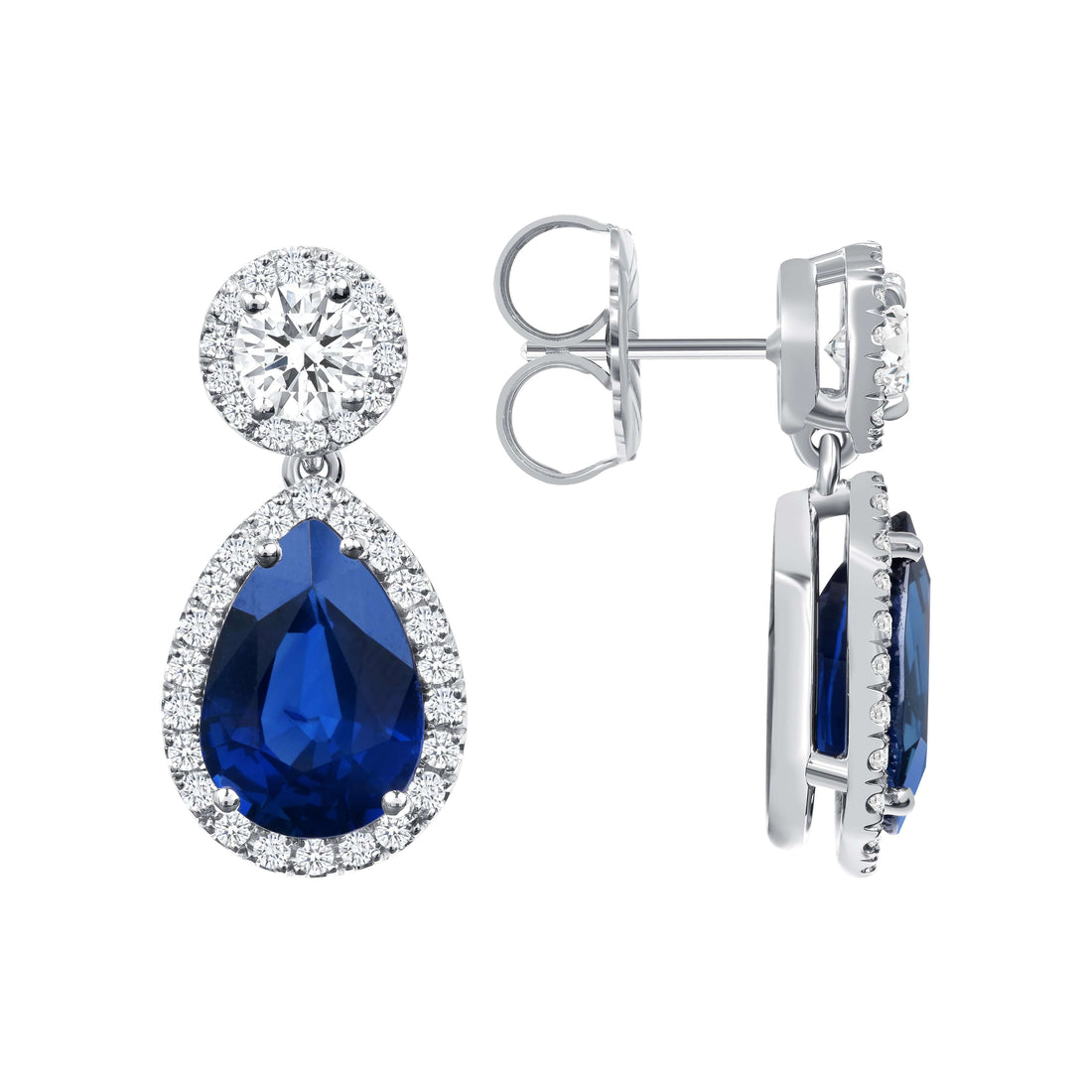 8.97 CT. Halo Pear Cut Blue Sapphire and Round Brilliant Diamond Drop Earrings in Platinum - Teardrop Earring