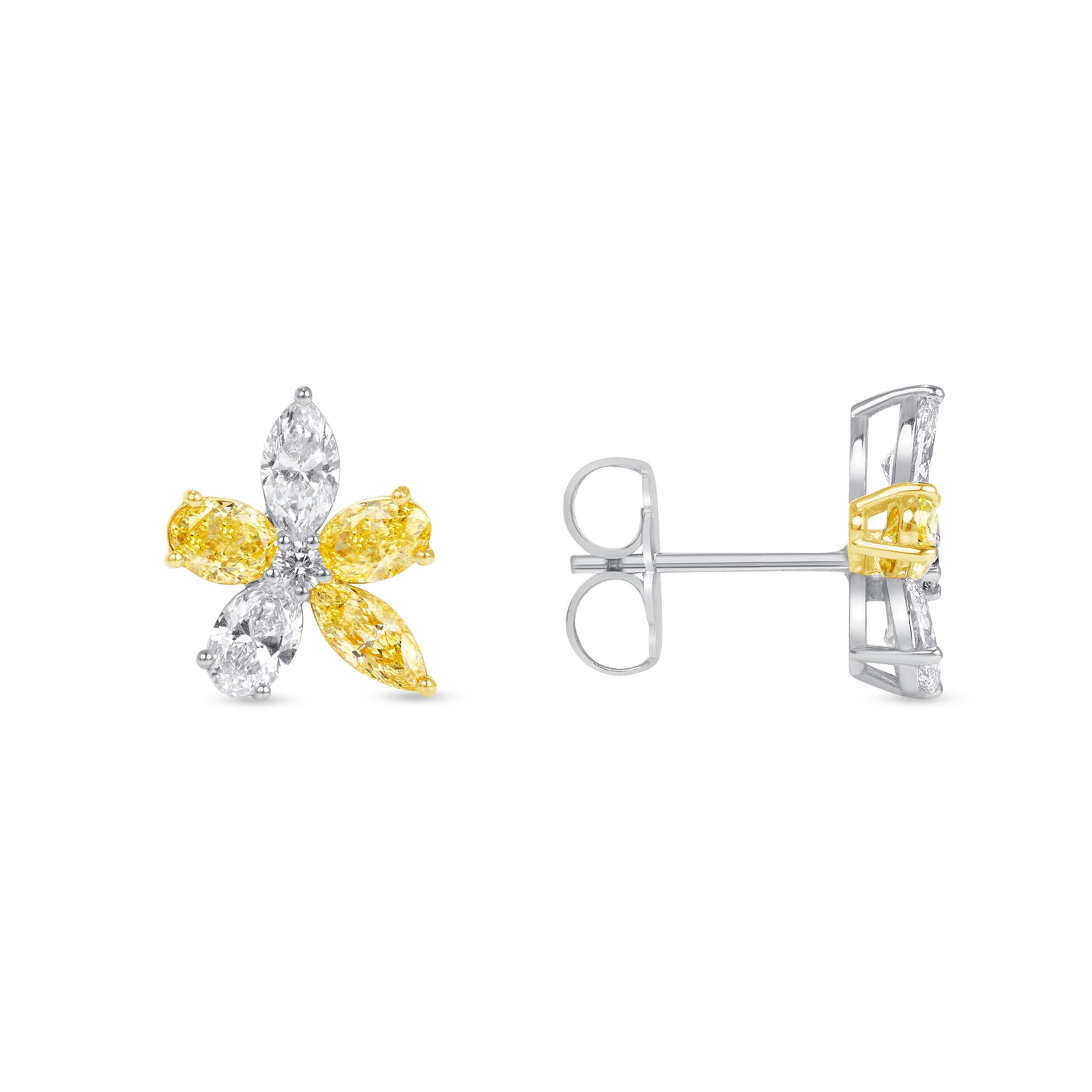 3.14 CT. Fancy Shape Fancy Yellow Diamond Flower Stud Earrings in 14K White Gold