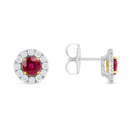 2.78 CT. Round Brilliant Ruby and Diamond Halo Stud Earrings