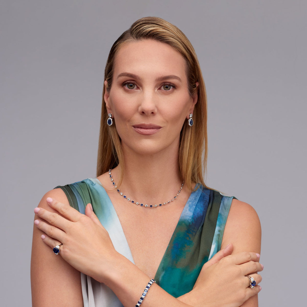 20.26 CT. Alternating Emerald Cut Blue Sapphire and Emerald Cut Diamond Tennis Bracelet in 14K White Gold - worn on model