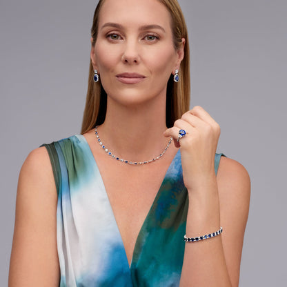 20.26 CT. Alternating Emerald Cut Blue Sapphire and Emerald Cut Diamond Tennis Bracelet in 14K White Gold - worn on model