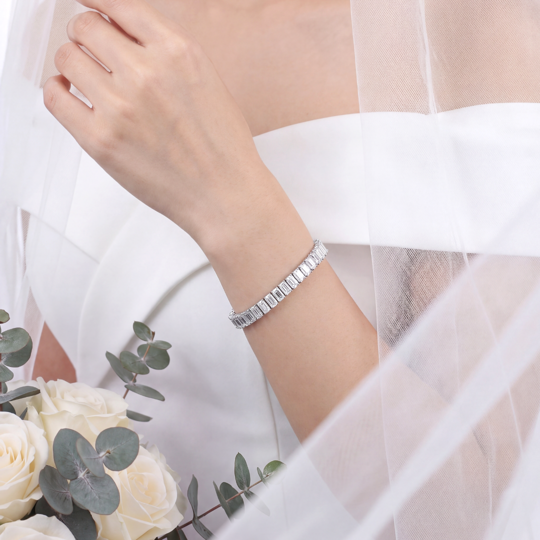 13.46 CT. Emerald Cut Diamond Tennis Bracelet in 14K White Gold - worn on model
