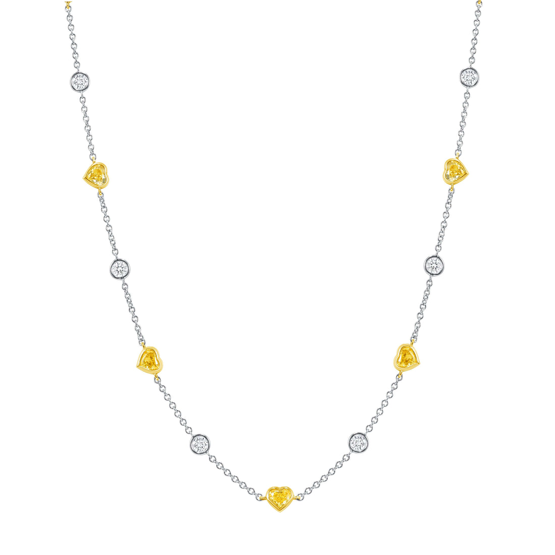 5.82 CT. Heart Shape Fancy Yellow Diamond and Round Brilliant Diamond Necklace in 18K White Gold and Yellow Gold - Station Necklace