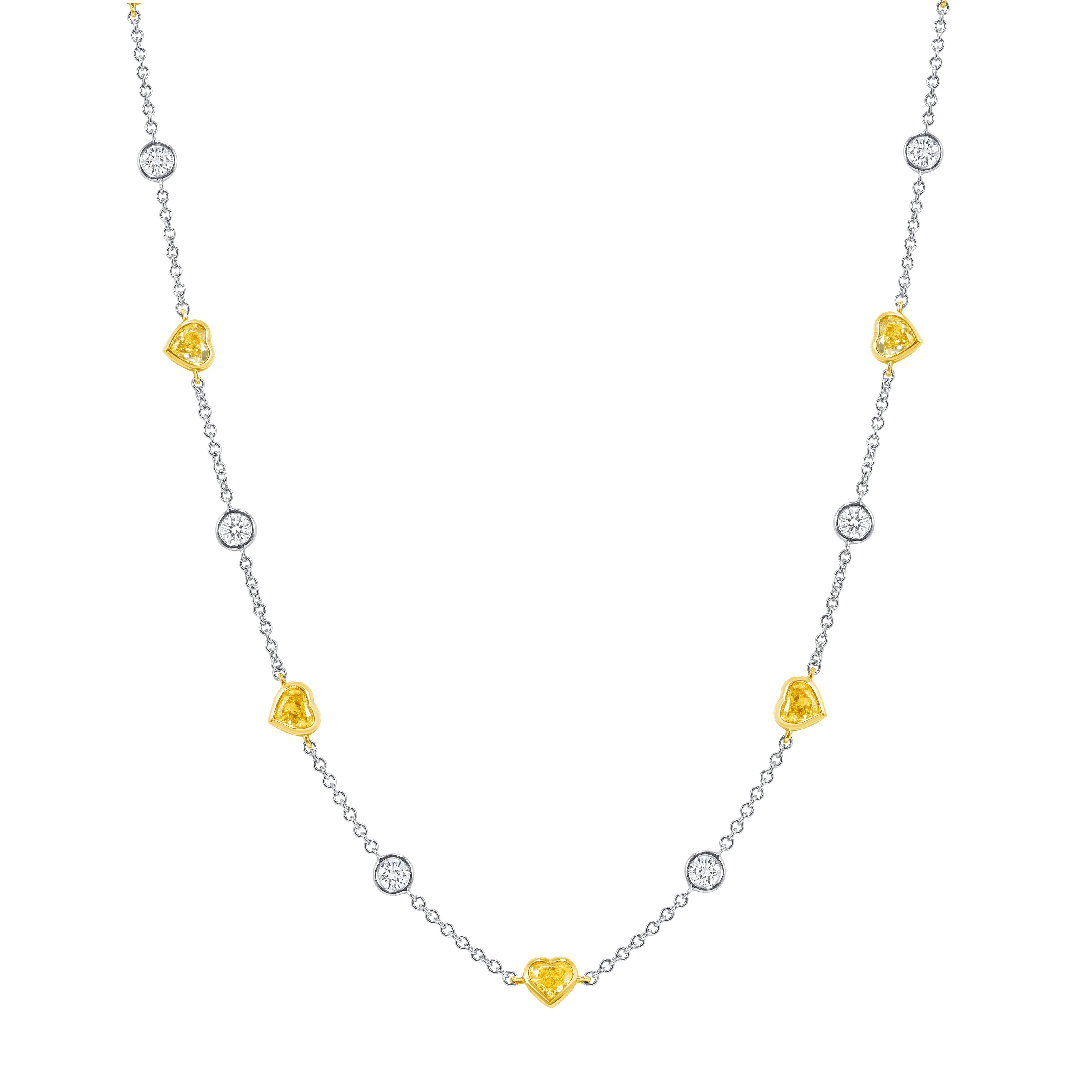 5.82 CT. Heart Shape Fancy Yellow Diamond and Round Brilliant Diamond Necklace in 18K White Gold and Yellow Gold