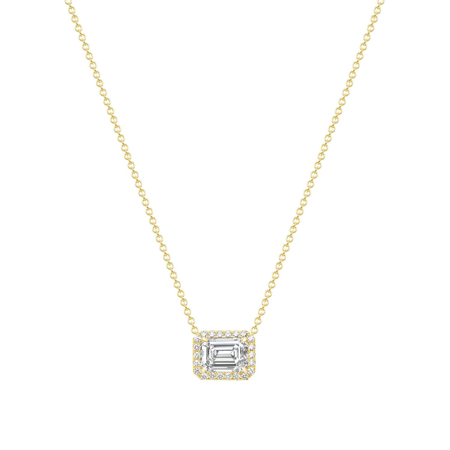 3.23 CT. Halo Emerald Cut Diamond Pendant Necklace in 14K Yellow Gold