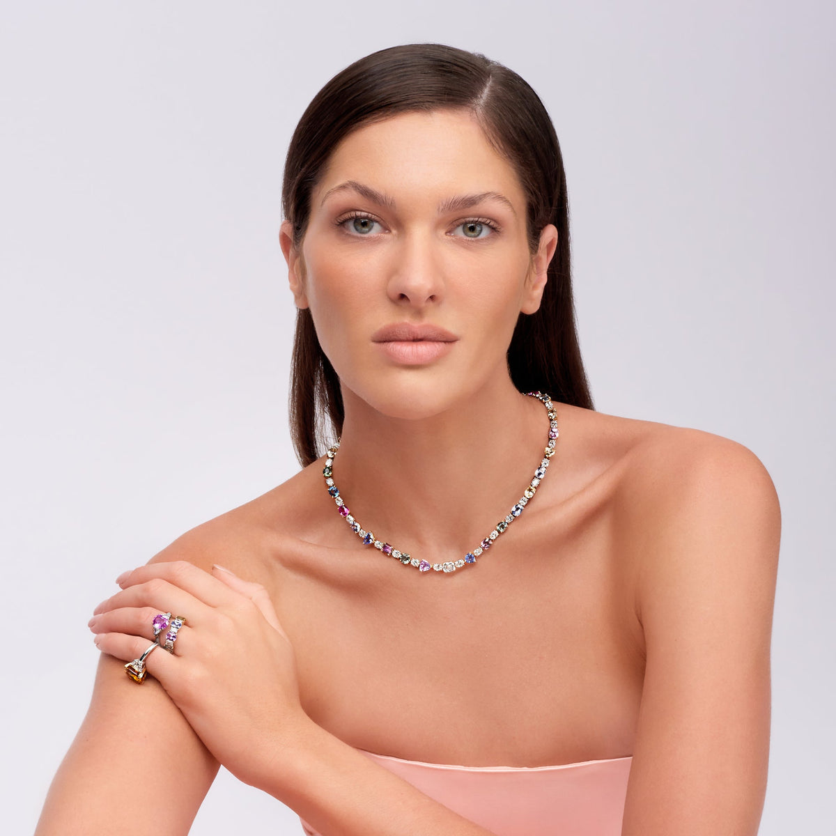 53.06 CT. Fancy Shape Sapphire and Oval Cut Diamond Tennis Necklace in 18K White Gold and Yellow Gold - worn on model
