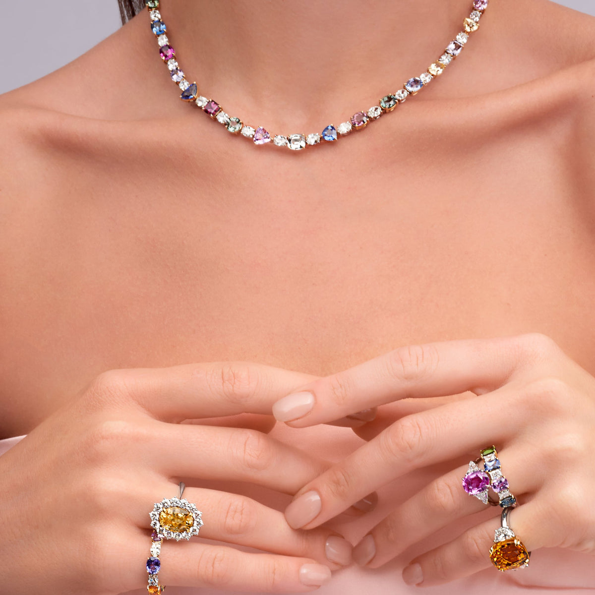 53.06 CT. Fancy Shape Sapphire and Oval Cut Diamond Tennis Necklace in 18K White Gold and Yellow Gold - worn on model