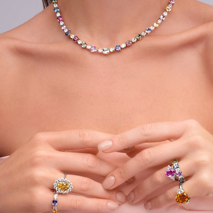 53.06 CT. Fancy Shape Sapphire and Oval Cut Diamond Tennis Necklace in 18K White Gold and Yellow Gold - worn on model