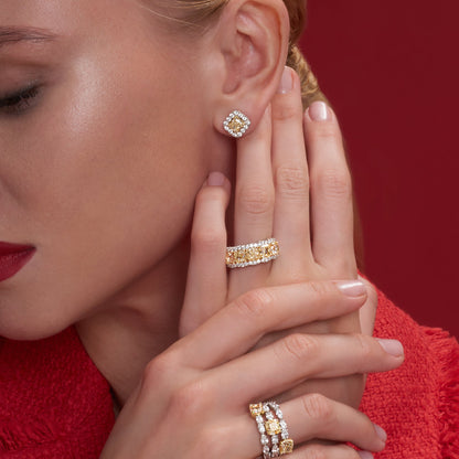 5.54 CT. Fancy Yellow Diamond Five Stone Ring with Diamond Halo in Platinum - worn on model