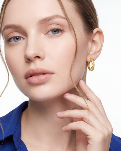 3.10 CT Fancy Yellow Mixed Cut Diamond Hoop Earrings, worn on model, view 2 - fine jewelry in San Francisco