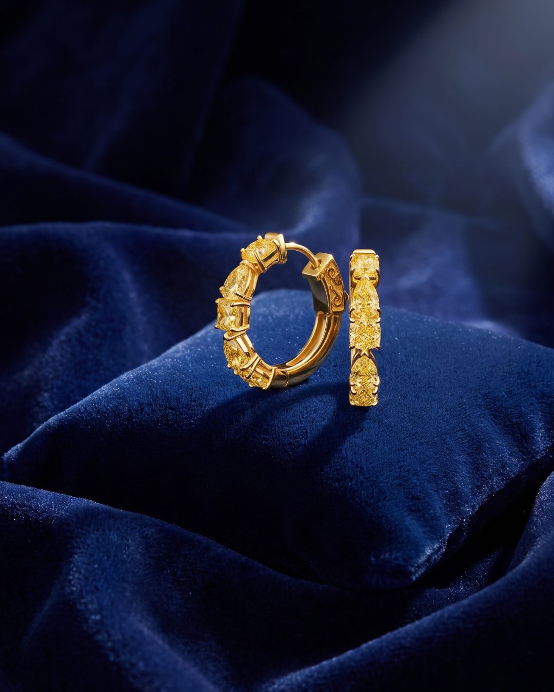3.10 CT Fancy Yellow Mixed Cut Diamond Hoop Earrings, worn on model, view 3 - fine jewelry in San Francisco