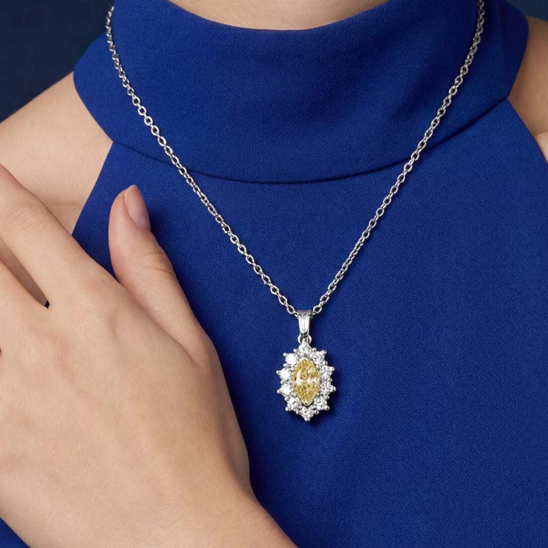 Fancy Yellow Pear Cut Diamond Pendant in 14K White Gold, worn on model - fine jewelry in San Francisco