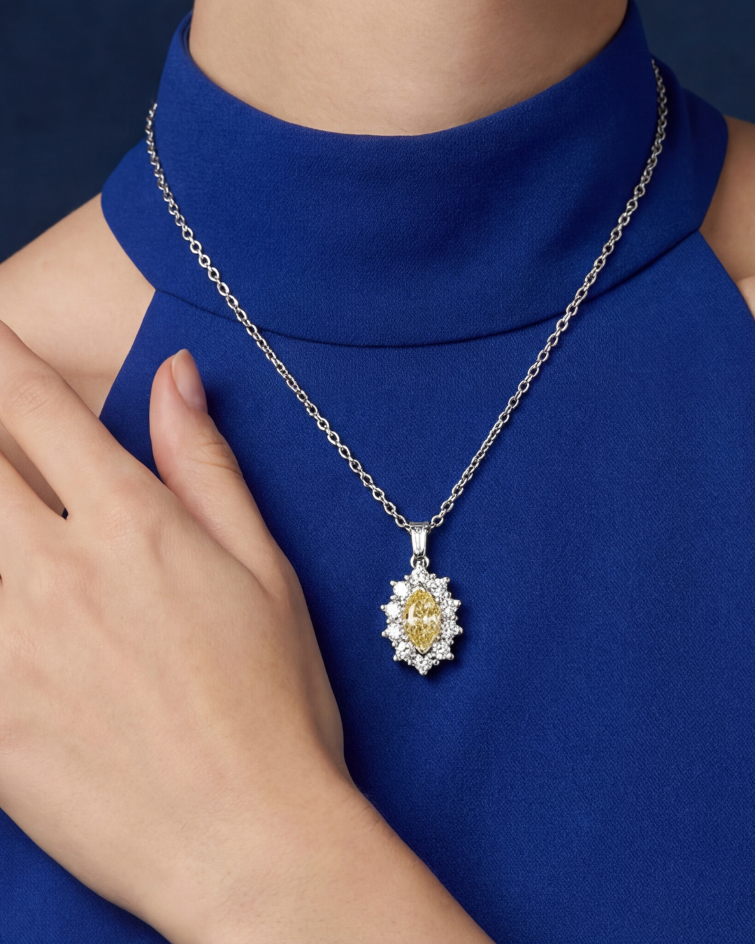 Fancy Yellow Pear Cut Diamond Pendant in 14K White Gold, worn on model - fine jewelry in San Francisco