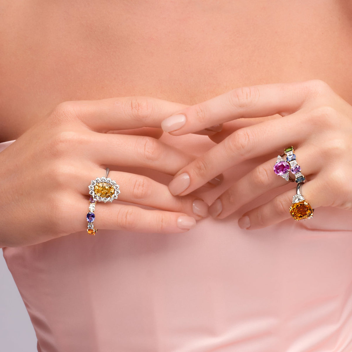 4.06 CT. Multi-Color Sapphire and Radiant Cut Diamond Band in 14K White and Yellow Gold - worn on model