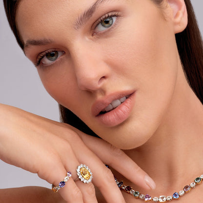 7.86 CT. Oval Yellow Sapphire and Round Brilliant Diamond Ring in Platinum - worn on model