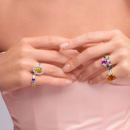 7.86 CT. Oval Yellow Sapphire and Round Brilliant Diamond Ring in Platinum - worn on model