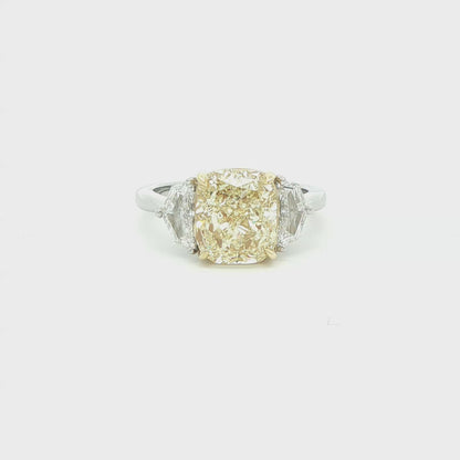 4.30 CT. Cushion Cut Y–Z Diamond and Half Moon Diamond Three Stone Ring in 18K Yellow Gold and Platinum - RING