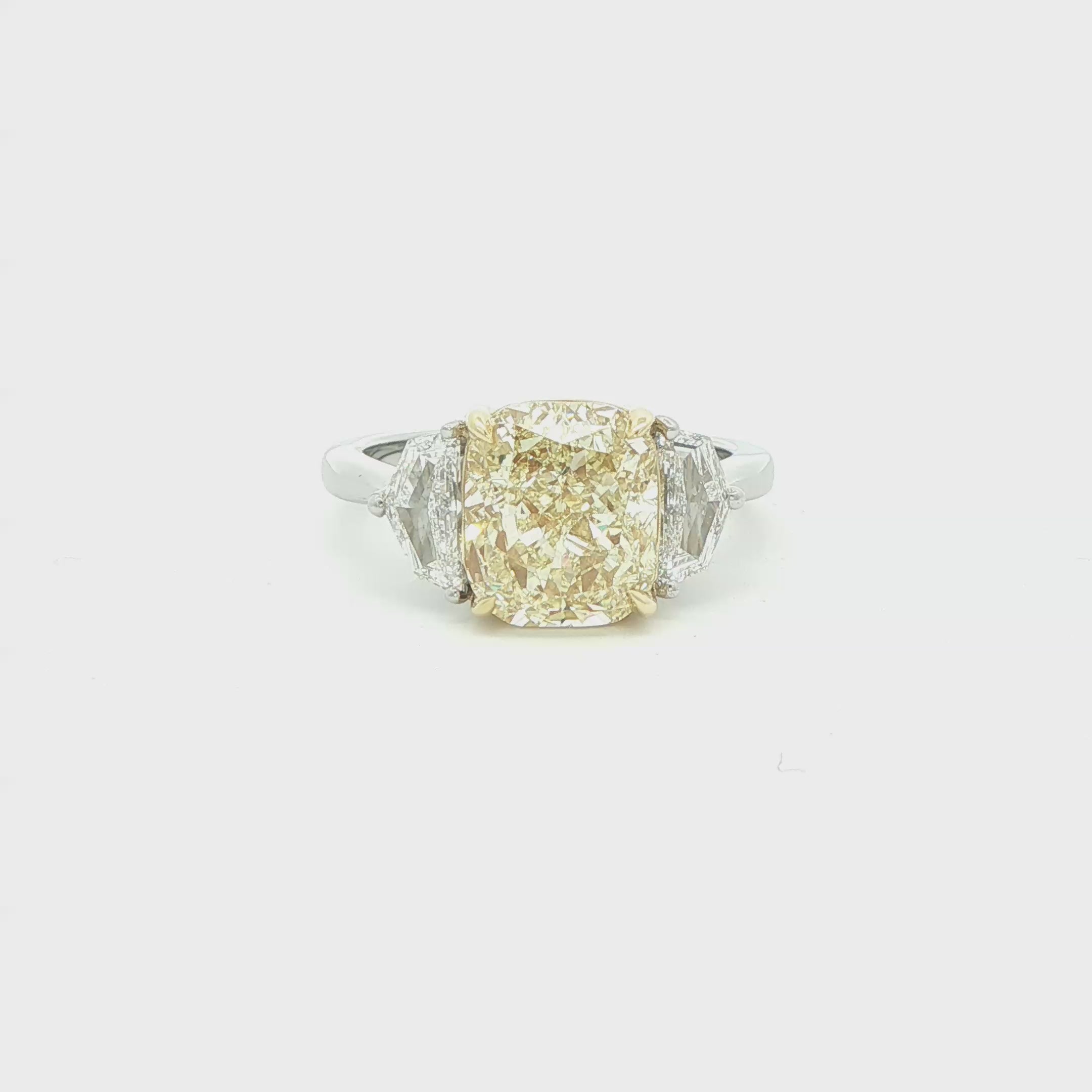 4.30 CT. Cushion Cut Y–Z Diamond and Half Moon Diamond Three Stone Ring in 18K Yellow Gold and Platinum - RING