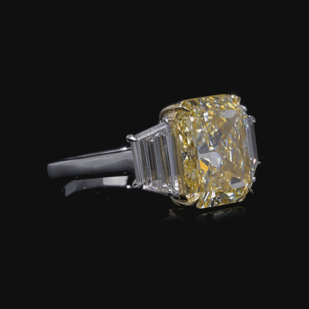 6.48 CT. Radiant Yellow Diamond and Trapezoid Diamond Three Stone Ring in 18K Yellow Gold and Platinum